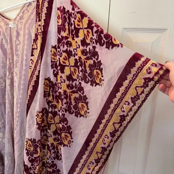 Free People Sheer Velvet Burnout Boho Shawl Kimono Purple Yellow, One Size - Picture 5 of 8